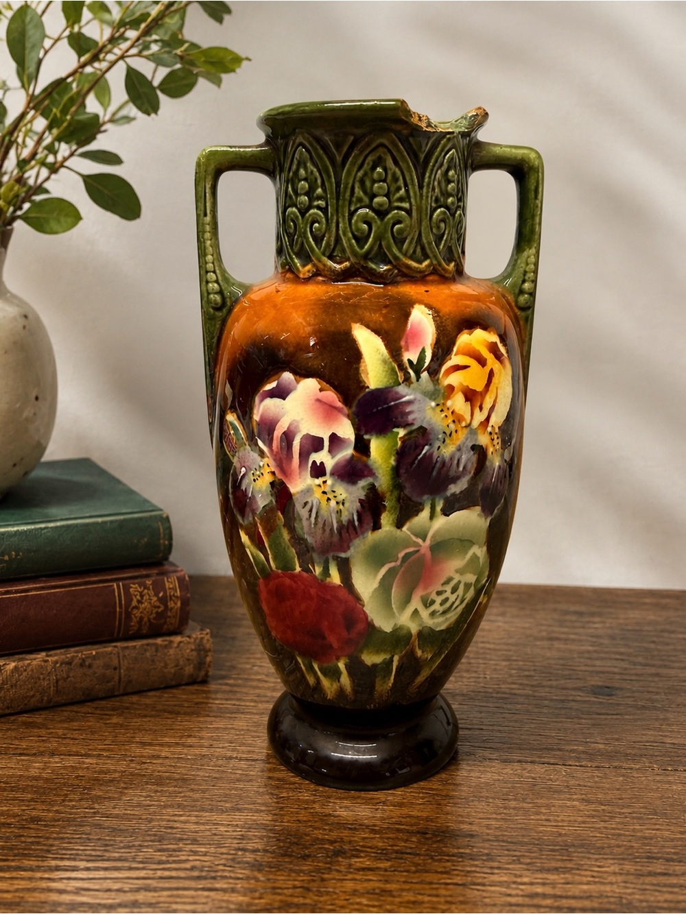Antique Art Nouveau Hand Painted Floral Pottery Vase Green Handles 8” AS IS